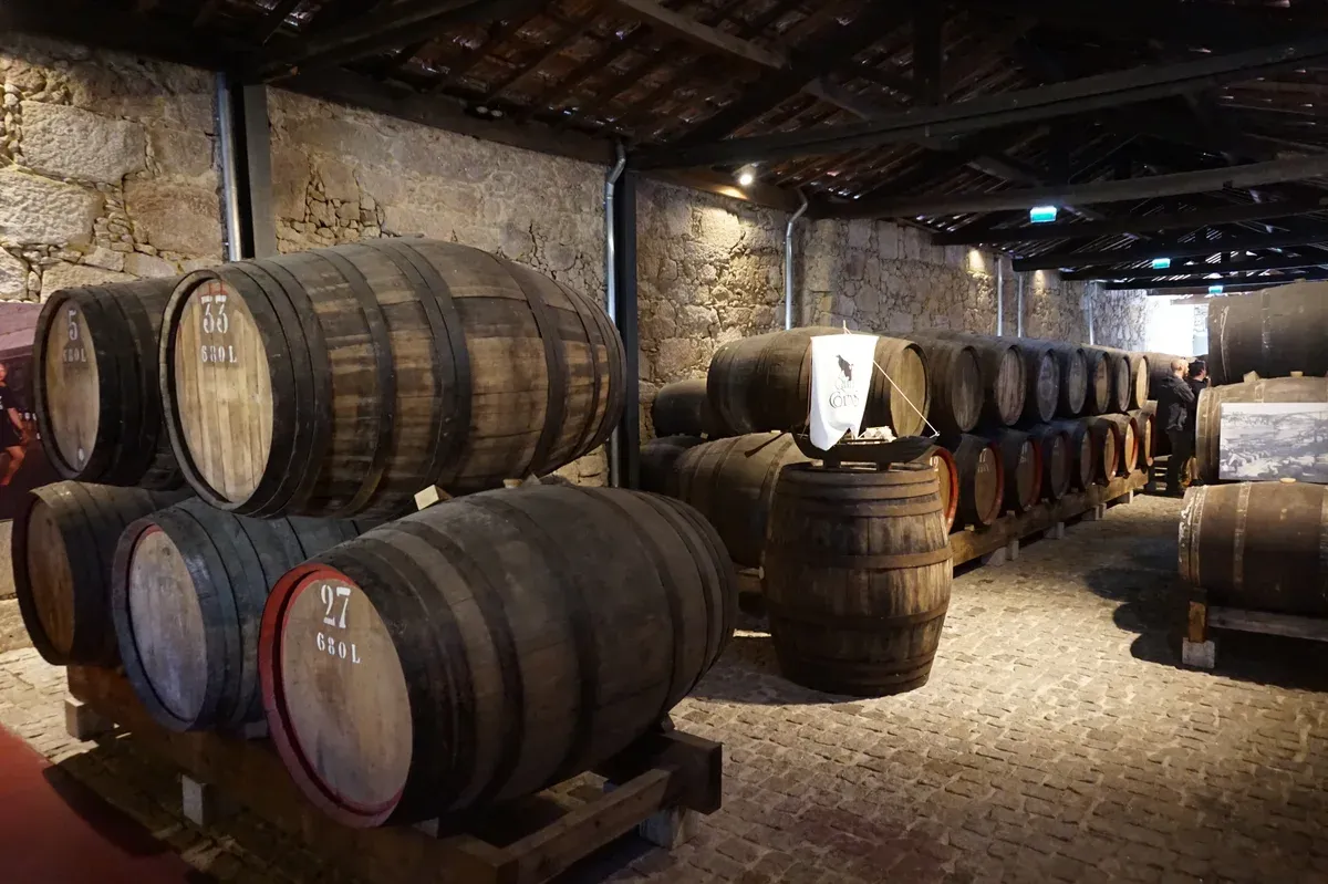 Port wine barrels in a stone cellar on a sommelier Douro Valley wine tour from Porto