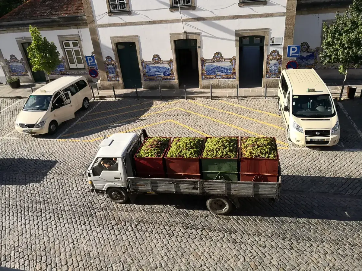 Grape harvest truck at Pinhão station when planning a Douro Valley wine tour from Porto